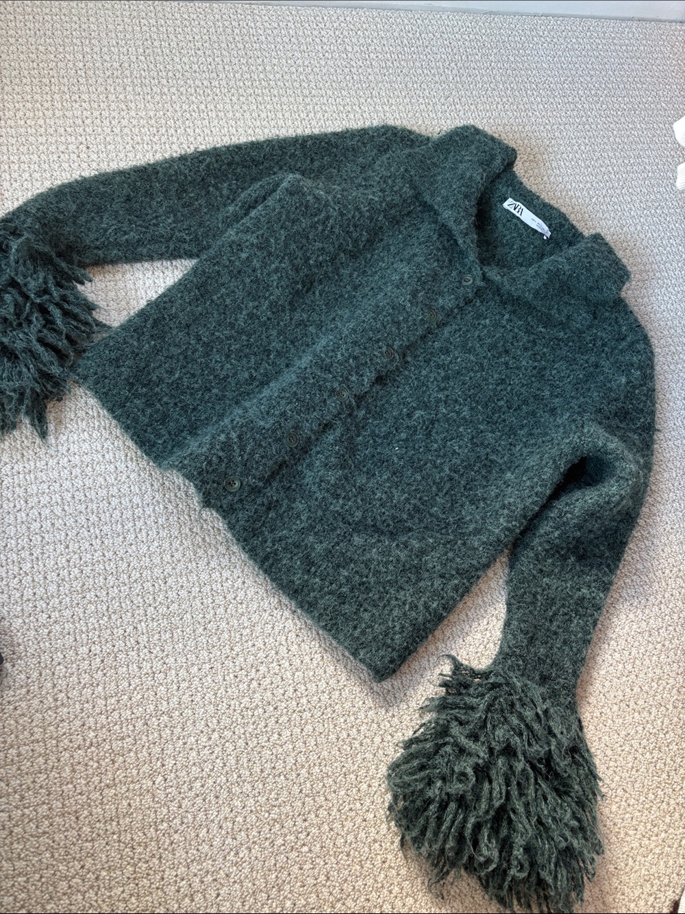 Green Zara knit fringe sweater